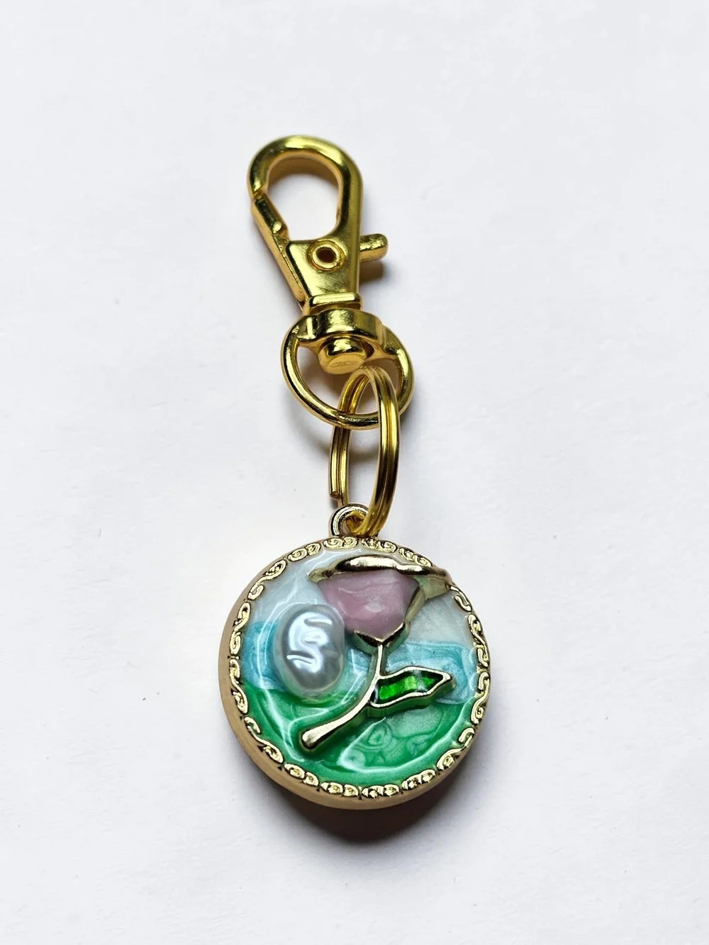 Gold-Plated Pastel Rose Keychain Charm
